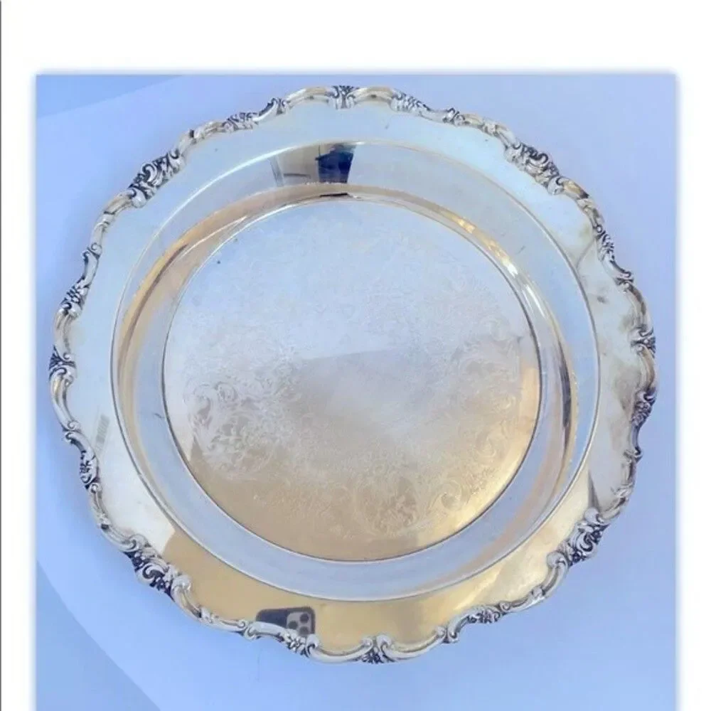 Lunt Round Silver Plate Tray Modern Victorian Floral Buffet Dish